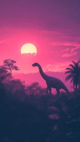Gentle dinosaur wanders under a glowing neon pink sunset sky