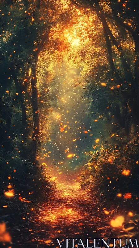 Forest Path Illuminated by Golden Particle Bokeh and Luminous Canopy.