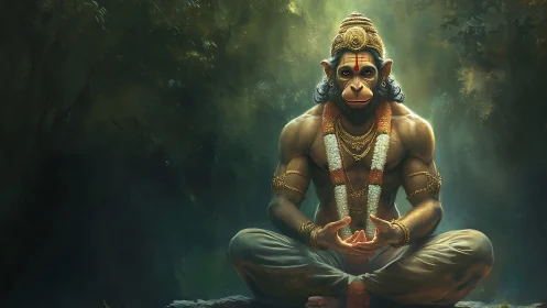 Serene monkey deity rests in golden light and quiet devotion