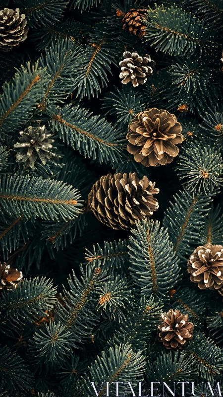 Close-up composition of evergreen needles and pine cones.