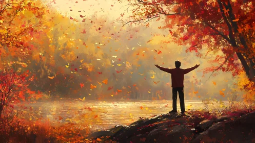 Man stands by autumn river under swirling golden leaves.