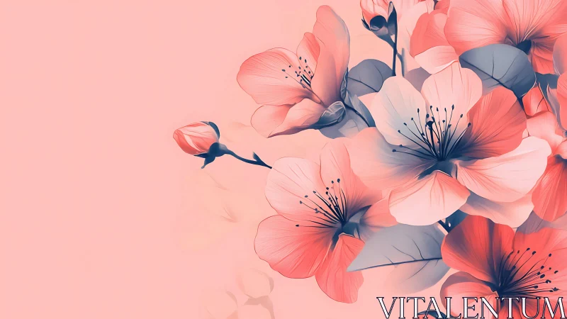 Ethereal Pink Flowers with Delicate Blue Botanical Details.