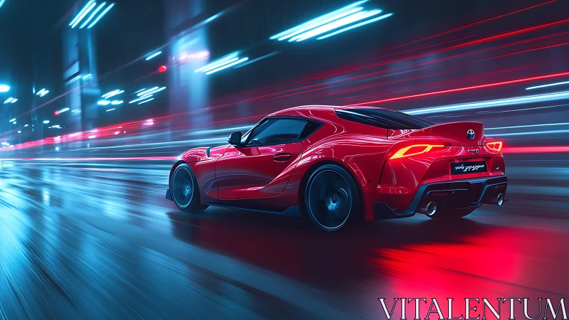 Aerodynamic red coupe in neon-lit high velocity motion trail.