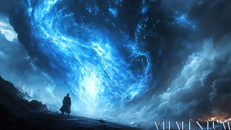 Solitary figure observes large turbulent blue celestial vortex