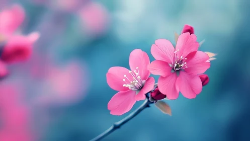 Delicate Pink Blossoms Against Dreamy Blue Sky.