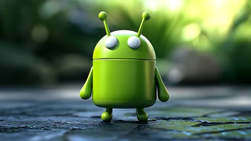 Cute green robot toy on outdoor stone surface in focus.