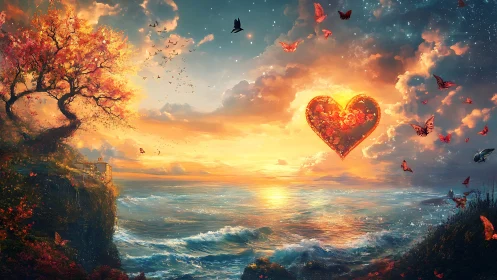Flaming Heart Above Turbulent Ocean at Sunset Horizon