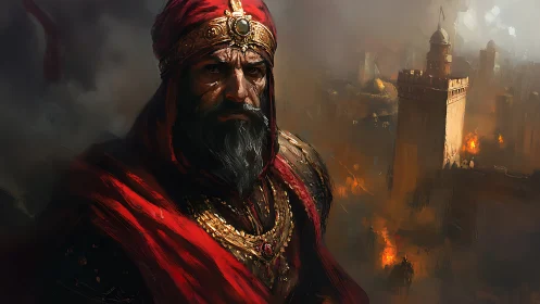 Medieval commander in red robes before burning city walls.