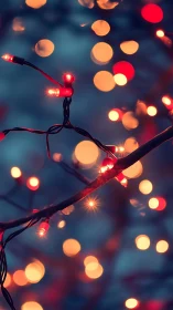 Winter dusk branch wrapped in ember-bright fairy lights.