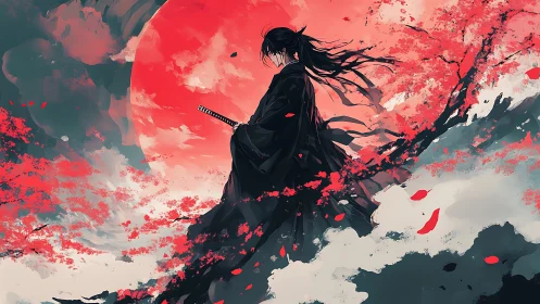 Samurai silhouette before red moon amid blossoms.