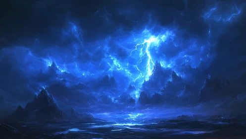 Storm-torn sapphire sky cracks open above jagged midnight spires