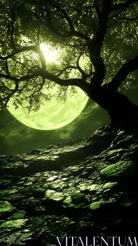 Emerald moonlit tree over glowing moss hillside at night.
