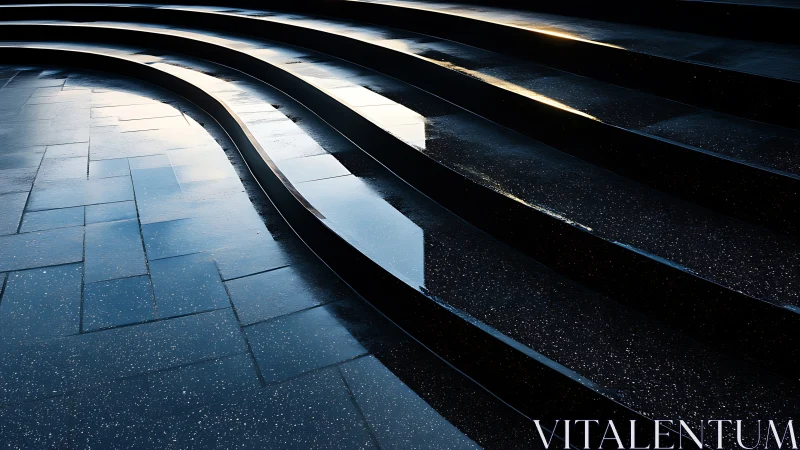 Curved wet stone steps reflect cold dawn light.