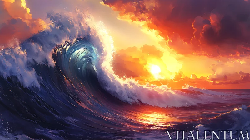 Sunlit ocean wave glowing beneath a fiery sunset sky.