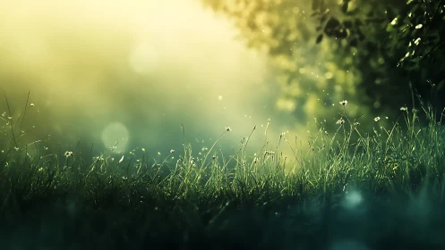 Sunlit grass blades occupy foreground under diffused bokeh light