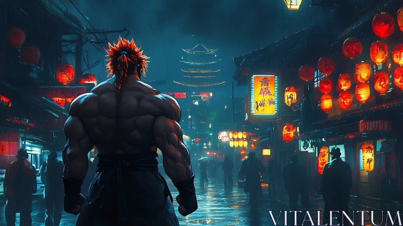 Muscle-bound wanderer stalks neon alleys in stormlit Chinatown