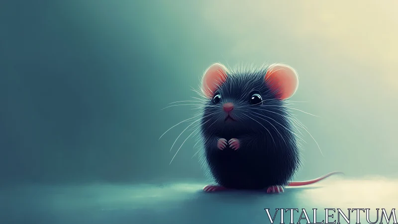 Soft-lit digital portrait of tiny black mouse in teal haze.