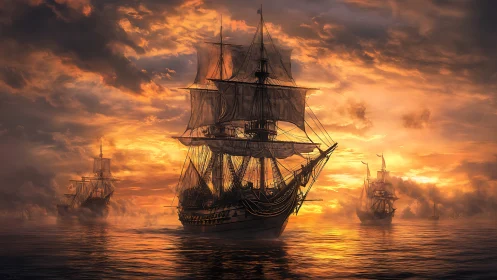 Tall sailing ships moving across calm sea at sunset.