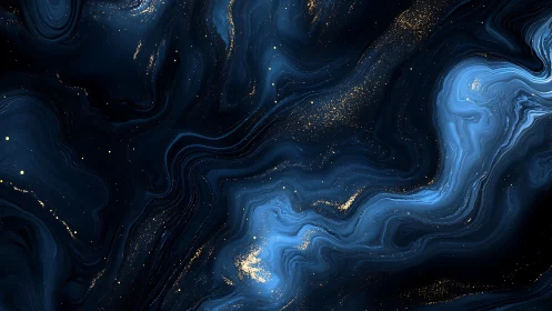 Cosmic blue marble flows with swirling golden stardust.