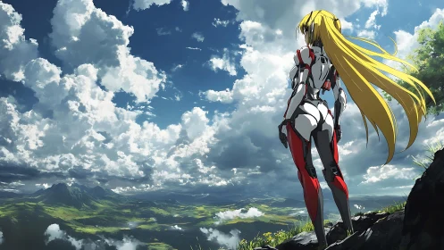 Cyborg figure overlooking expansive valley under clouded sky.