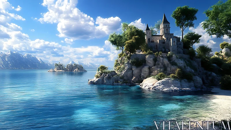 Coastal Castle Perched on Rocky Outcrop with Alpine Lake Vista