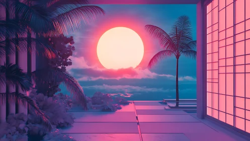 Neon tropic terrace under oversized cyberpunk sunset glow.