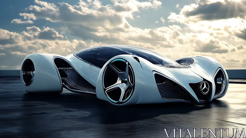 Futuristic Mercedes concept car glides under dramatic skies