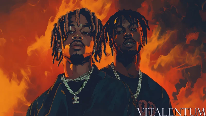 Two hip hop figures stand before blazing orange fire