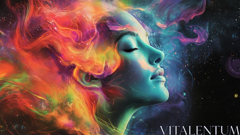 Profile portrait with colorful cosmic flowing hair.
