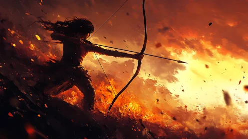 Flameborne archer looses a dusk-lit arrow into chaos.