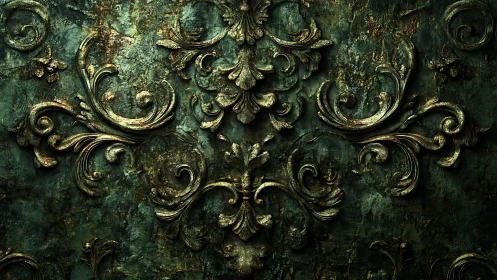 Baroque floral relief ornament emerges from oxidized patina wall