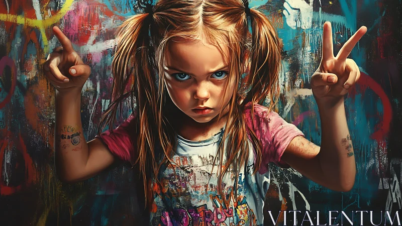 Defiant graffiti kid with fierce stare and neon splatter backdrop.