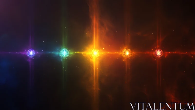 Chromatic cosmic orbs aligned on radiant nebular axis.