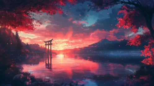 Torii gate at lakeside sunset under vivid red foliage.