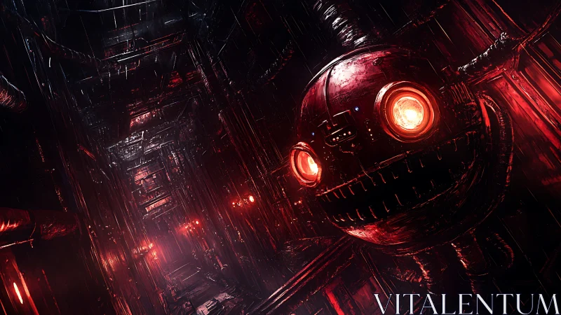 Surveillance drone dominates a red-illuminated industrial corridor