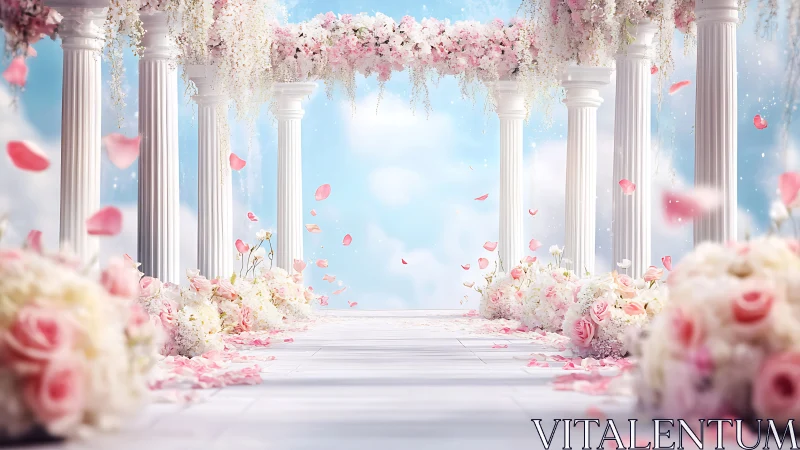 Romantic floral colonnade wedding aisle in soft daylight.