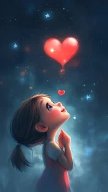 Young figure gazes upward toward luminous heart with celestial ambiance.