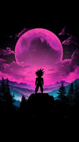 Silhouetted warrior under neon pink moonlit mountainscape.