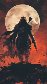 Midnight wanderer striding through embers and moonlight.