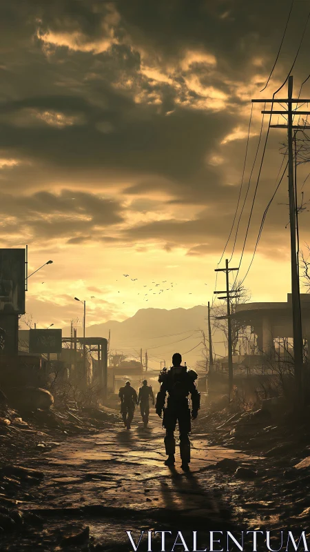 Armored figures walk through ruined road at yellow dusk.