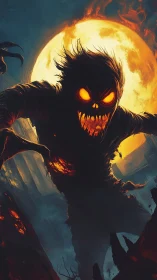 Flaming-eyed scarecrow lunges forward beneath burning moon