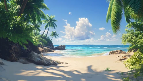 Tropical Beach Paradise with Palm Trees and Turquoise Waters.