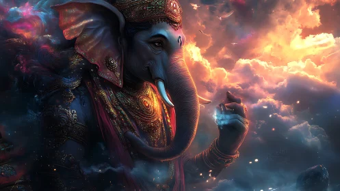Divine elephant deity in luminous celestial digital rendering.