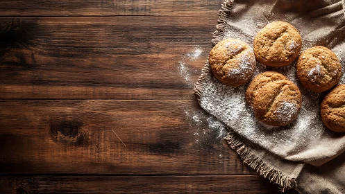 Rustic cookies rest on linen over dark wooden table surface