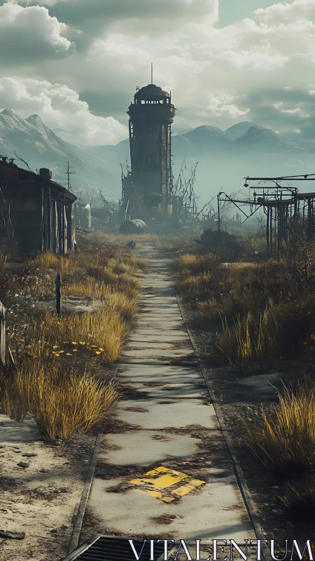 Desolate tower corridor under moody post apocalyptic sky.