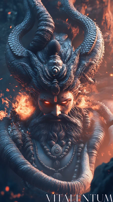 Mythic stone deity figure with fiery eyes and coiled serpent