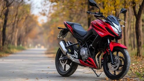 Red street motorcycle on empty forest road in autumn.