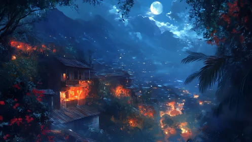 Nocturnal Valley: Digital Landscape with Fire and Moonlight.