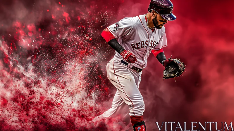Baseball player in Red Sox uniform amid red particle field.
