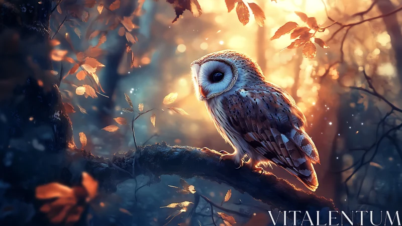 Majestic owl perched on branch in glowing autumn forest, digital art.